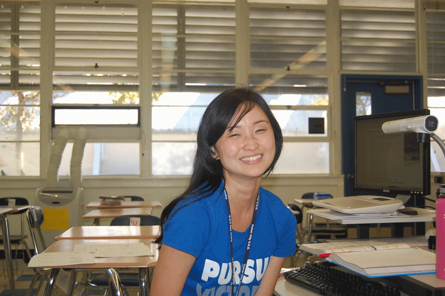 New math teacher Helen Lee at home in her classroom
