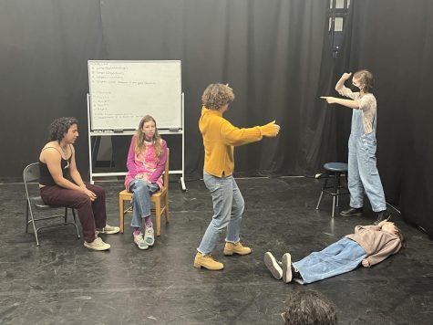 Members of the improv team playing ‘Expert Slideshow’, a game in which two players are ‘experts’ on a topic and present it through ‘slides’, played by three other improvisers. 

Pictured from left to right: Jude Loughlin (expert), Greta Larson (expert), Marcot (slideshow), Simone Siegel (slideshow), Scarlett Hesse (slideshow).